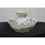 BURSLEM TWO PIECE JUG AND BASIN SET the white ground decorated with pagodas flower heads and