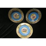 SIX CONTINENTAL PORCELAIN CABINET PLATES the turquoise and gilt ground with pierced border centred