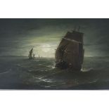 J MORRIS 19TH CENTURY Moonlit seascape with sailing boats Oil on canvas Signed lower left 24cm x