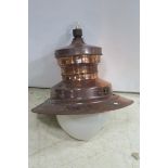 A SET OF THREE COPPER AND OPALINE GLASS CENTRE LIGHTS,