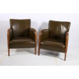 A PAIR OF RETRO HIDE UPHOLSTERED AND HARDWOOD FRAMED ARMCHAIRS each with a rectangular back and