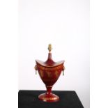 A TOLE WARE TABLE LAMP of urn form with lion mask ring handles on a circular spreading foot 51cm