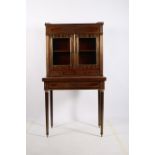 A FINE 19TH CENTURY MAHOGANY AND BRASS INLAID WRITING CABINET the superstructure with pierced brass