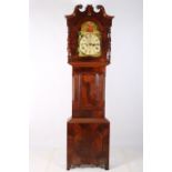 A 19TH CENTURY MAHOGANY LONG CASE CLOCK the architectural hood above a painted dial with Roman