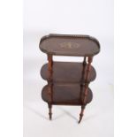 A 19TH CENTURY MAHOGANY AND BRASS INLAID THREE TIER WHAT NOT the shaped top with pierced brass
