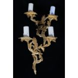 A PAIR OF CONTINENTAL GILT METAL TWO BRANCH WALL LIGHTS with foliate cast back plate and arms 28cm