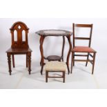 A 19TH CENTURY GOTHIC DESIGN MAHOGANY HALL CHAIR together with a mahogany carved top occasional