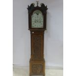 A FINE 19TH CENTURY MAHOGANY CARVED OAK AND SATINWOOD INLAID LONG CASE CLOCK the swan neck hood