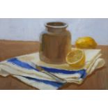 M H STILL LIFE LEMONS AND TEA TOWEL WITH KNIFE ON A TABLE Mixed media on board Monogrammed lower