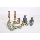 A PAIR OF CLOISONNE VASES each of baluster form together with six pieces of Wedgewood china brass