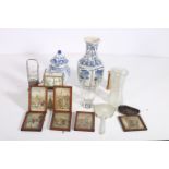 A MISCELLANEOUS COLLECTION to include a blue a white lidded jar a blue and white vase plated ware