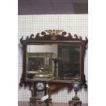 A 19th CENTURY MAHOGANY INLAID AND PARCEL GILT FRET FRAME MIRROR,