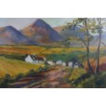 J CARROLL MOUNTAIN LANDSCAPE WITH COTTAGES Oil on canvas board Signed lower right 39cm x 49cm