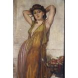 20TH CENTURY INTERIOR SCENE STUDY OF A FEMALE STANDING BY A BASKET OF FRUIT Oil on