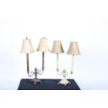 A PAIR OF CONTINENTAL TWO BRANCH TABLE LAMPS with shades 68cm (h)