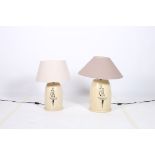 TWO CREAM CERAMIC TABLE LAMPS with painted panels depicting females each of cylindrical spreading