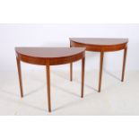 A PAIR OF SHERATON DESIGN MAHOGANY AND SATINWOOD INLAID SIDE TABLES each of demilune outline the