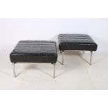 A PAIR OF RETRO HIDE UPHOLSTERED AND CHROME STOOLS each of a square outline with panelled seats on