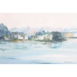 HARRIE MCMANUS RIVERSCAPE WITH TOWN VIEW 35cm x 55cm