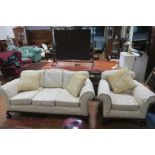 A GOOD CHIPPENDALE DESIGN MAHOGANY AND UPHOLSTERED THREE PIECE SUITE comprising three seater settee