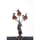 A COMPOSITION FIGURAL TABLE LAMP modelled as a female shown standing holding a basket of fruit