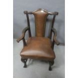 A FINE 19th CENTURY MAHOGANY AND HIDE UPHOLSTERED LIBRARY CHAIR, IRISH,