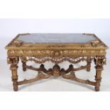A VERY FINE AND IMPRESSIVE CONTINENTAL CARVED GILTWOOD AND MARBLE CENTRE TABLE the rectangular top