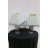 A PAIR OF BLUE AND GILT CHINA TABLE LAMPS each of baluster form with shades 58cm (h)