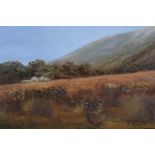 K KEEGAN 20TH CENTURY MOUNTAIN LANDSCAPE WITH COTTAGE Oil on canvas Signed lower right 26cm x 43cm