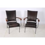 A PAIR OF RETRO HIDE CHERRYWOOD AND WROUGHT IRON ELBOW CHAIRS each with a panelled back and seat