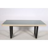 WITHDRAWN A CONTEMPORARY GREY PAINTED AND STAINED WOOD DINING TABLE of rectangular outline with