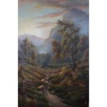 ENGLISH SCHOOL 19TH CENTURY MOUNTAIN LANDSCAPE WITH SHEEP AND DROVER ON A PATH Oil on canvas 76cm