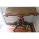 A VERY FINE 19TH CENTURY BURR WALNUT FOLD OVER CARD TABLE of serpentine outline with shaped top and