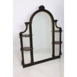 A 19TH CENTURY EBONISED AND PARCEL GILT COMPARTMENTED OVER MANTLE MIRROR the rectangular arched