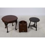 AN OAK SLOPE FRONT FUEL BIN together with a carved top occasional table and a Chippendale design