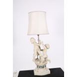 A 19TH CENTURY WHITE STATUARY MARBLE FIGURAL TABLE LAMP depicting two children one shown standing