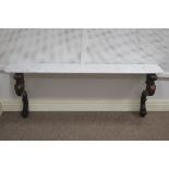 A 19TH CENTURY MAHOGANY AND MARBLE CONSOLE TABLE with white veined marble top raised on front