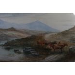 E MACHIU EARLY 20TH CENTURY MOUNTAIN LANDSCAPE WITH CATTLE BY A LAKE A watercolour Signed lower