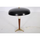 A CIRCA 1950s BRASS ALUMINIUM TEAK AND BAKELITE LAMPON TABLE LAMP on tripod support in original