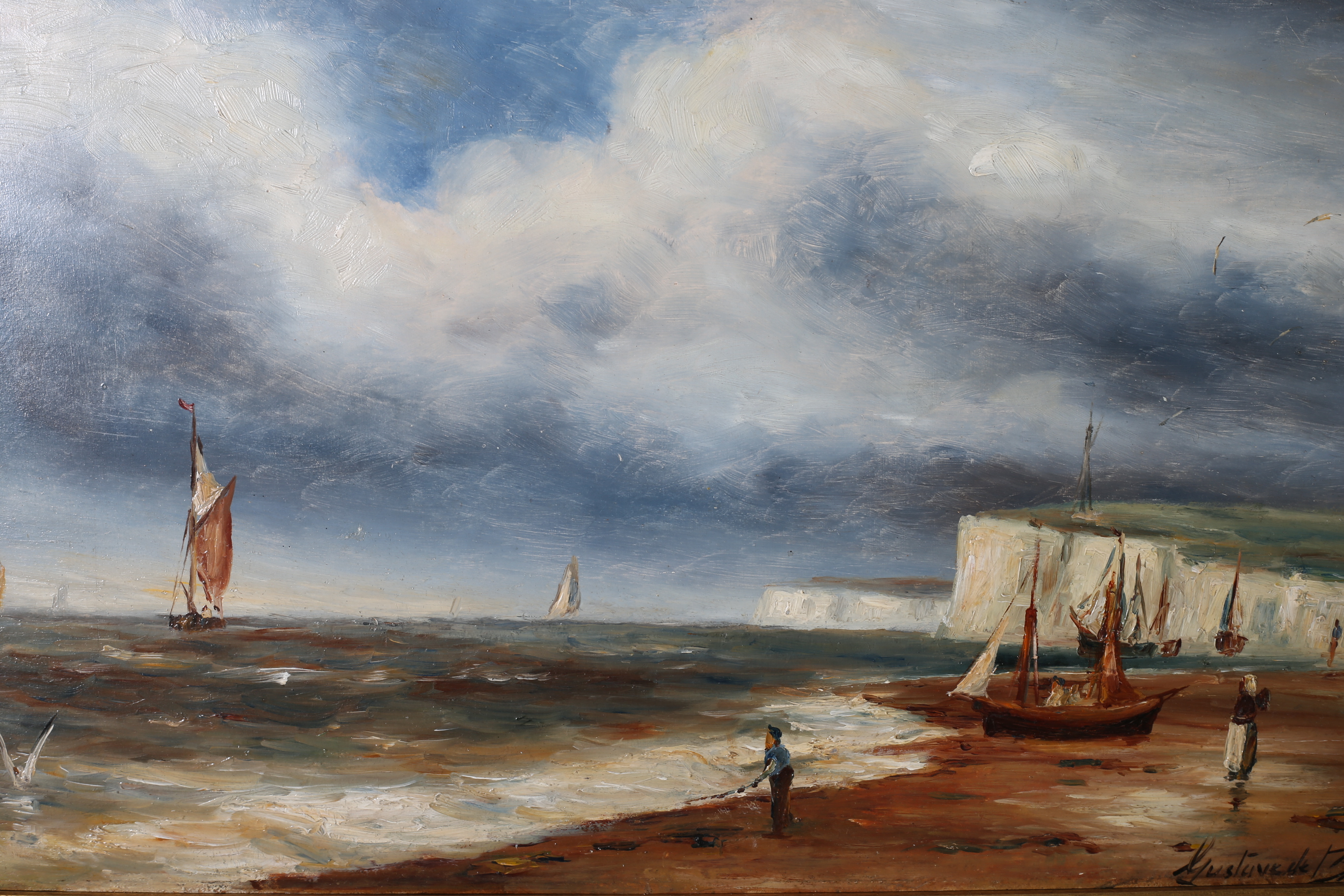 GUSTAVE DE BREANSKI (1856 - 1898) SEASHORE WITH SAILING BOATS AND FIGURES Oil on panel Signed lower