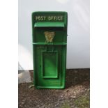 A CAST METAL GREEN PAINTED AND GILT LETTER BOX inscribed Post Office with key 60cm (h) x 25cm (w) x