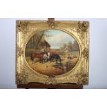 AFTER J F HERRING HORSES DUCKS AND CHICKENS FARMYARD SETTING Oil on canvas laid on board An oval