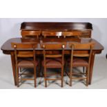 A TEN PIECE SHERATON DESIGN MAHOGANY AND SATINWOOD INLAID DINING ROOM SUITE comprising eight chairs