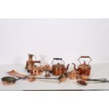 A COLLECTION OF COPPER WARE to include kettles watering can pan etc etc