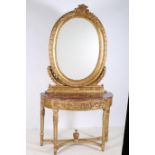 A CONTINENTAL GILTWOOD AND GESSO CONSOLE TABLE AND MIRROR the oval bevelled glass plate within a