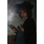 W READE STUDY OF YOUNG GIRL SHOWN STANDING HOLDING A BOOK IN A LANDSCAPE Oil on board Signed lower