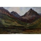 MOUNTAIN LANDSCAPE Oil on board Indistinctly signed lower left 23cm x 34cm