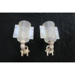 A GOOD PAIR OF ART DECO WALL LIGHTS with plated back plates and arms and original vaseline glass