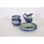 A TWO PIECE BLUE AND WHITE JUG AND BASIN SET together with a jardiniere en-suite (3)