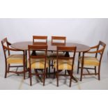 A SEVEN PIECE SHERATON DESIGN MAHOGANY AND SATINWOOD INLAID DINING SUITE comprising six chairs
